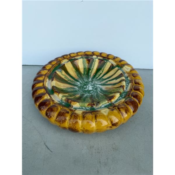 vintage Medalta yellow and green drip-glazed ceramic bowl