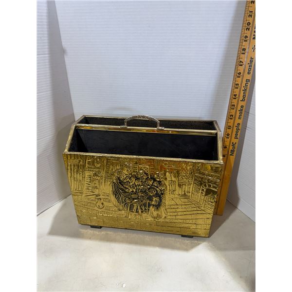 vintage wood and repoussé brass magazine rack featuring an embossed tavern or colonial family scene