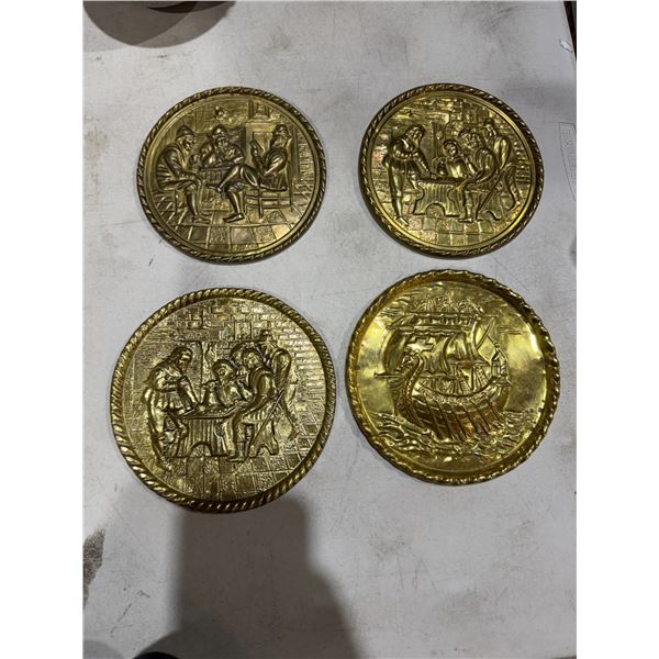 vintage mid-century English repoussé and embossed brass wall plaques