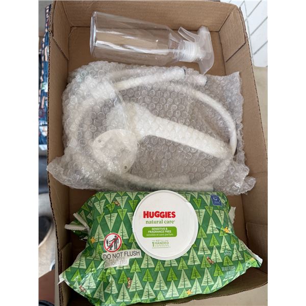 Wet wipes, showerhead, and spray bottle