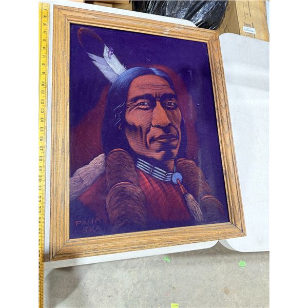vintage velvet painting is signed by Paha Ska, an artist associated with the Oglala Lakota Sioux in 