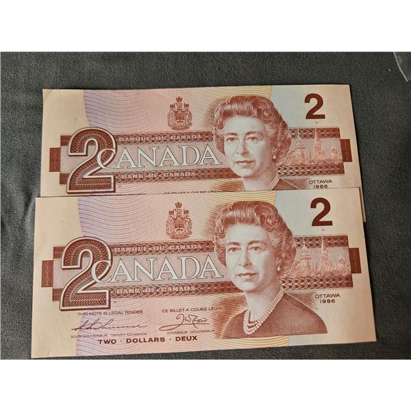 2x 1986 Canadian $2 bill
