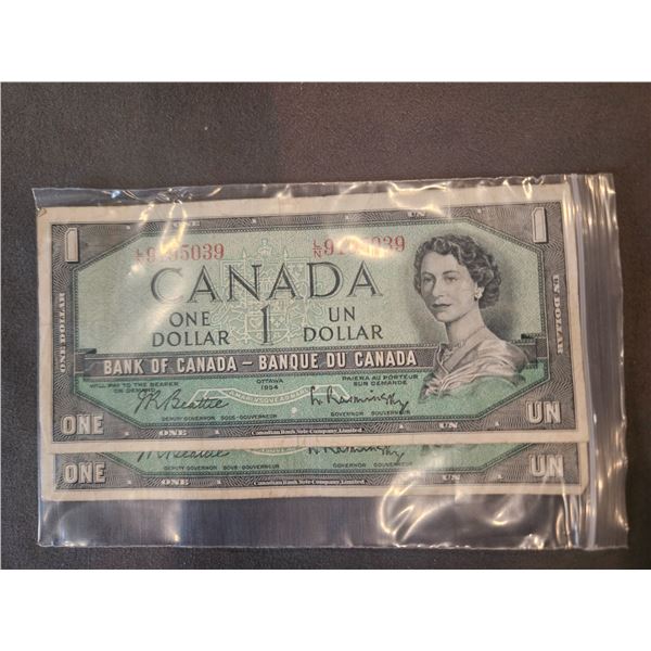 2x 1954 Canadian $1 bills