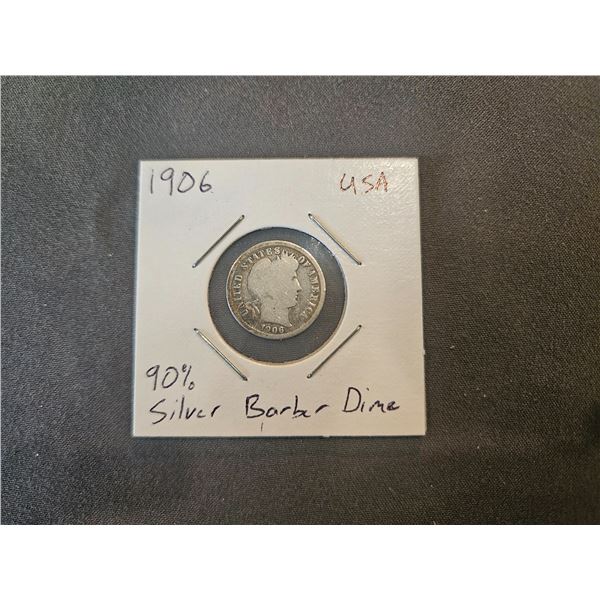 90% silver USA 1906 Barber dime
