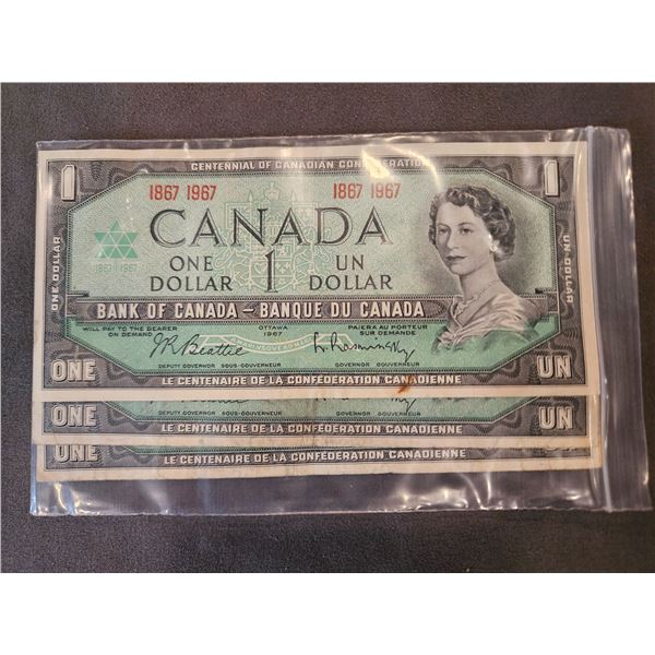 3x 1967 Canadian $1 bills