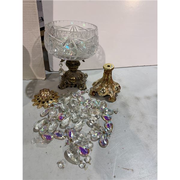 Vintage Hollywood Regency cut crystal and brass centerpiece compote set with iridescent crystal pris