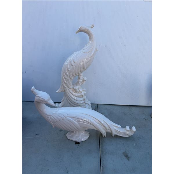 vintage pair of glossy white ceramic peacock or phoenix figurines