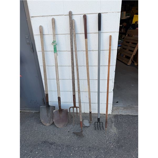 Garden tools, shovels, pitchfork, etc.