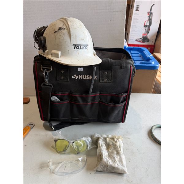 Husky toolbox, lug, nuts, safety glasses, and helmet