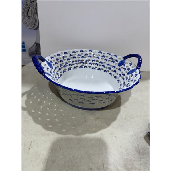 vintage blue and white reticulated ceramic basket bowl