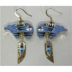 Zuni Silver Inlay Denim Turquoise Bear Earrings