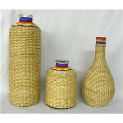 3 Glass Bottles With Woven Covers & Beadwork