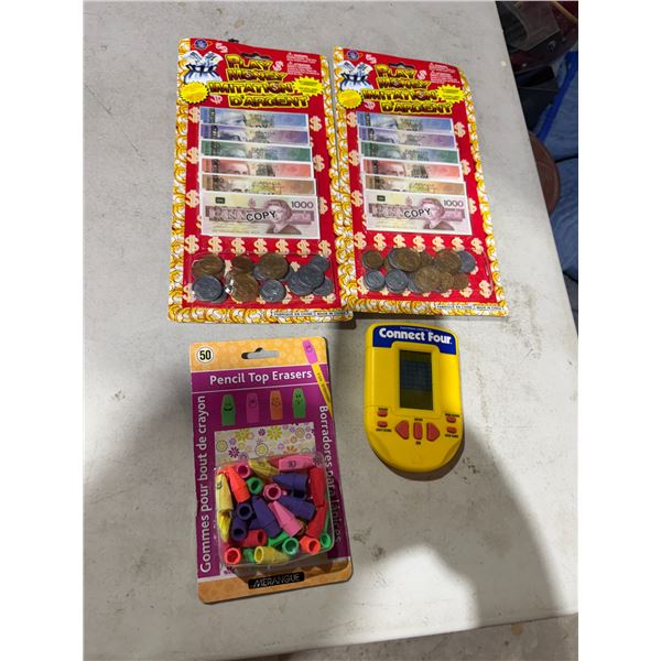 Play money, pencil, choppy, erasers, and connect for a game