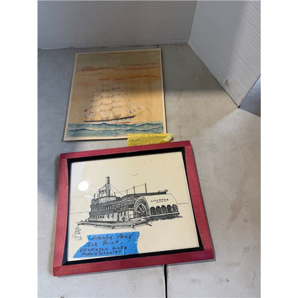 Watercolor ship and frame framed pen and ink print Okanagan Lake paddle Wheeler