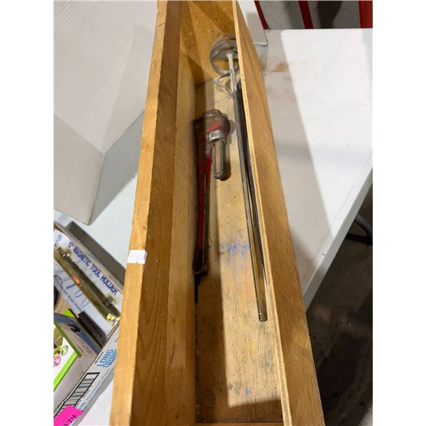 Wooden toolbox with Paint mixer tool and Fuller 18 inch pipe wrench