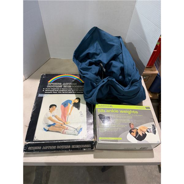 Ankle weights, spring action, rowing, exerciser, and other items