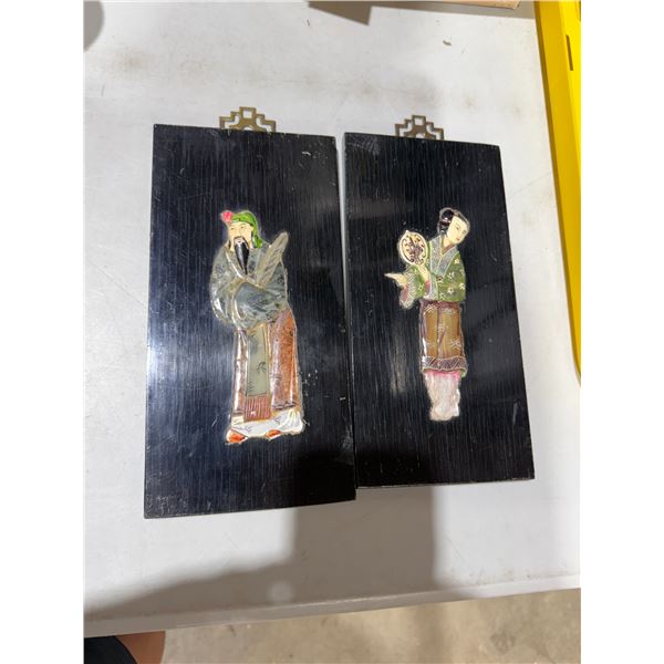 vintage Chinese black lacquer wall panels featuring raised soapstone and mother-of-pearl or shell in