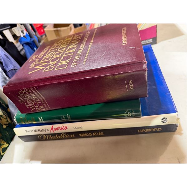 Assorted books and Webster's and encyclopedia dictionary