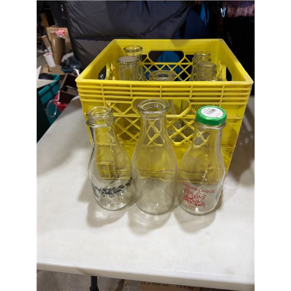 Vintage milk bottles in crate