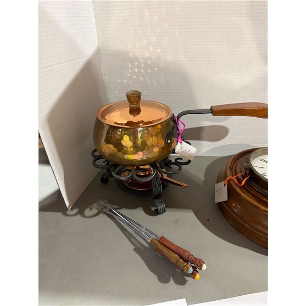 Vintage Swiss hammered copper complete chocolate fondue set