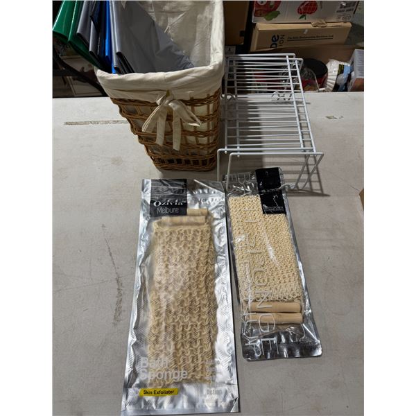 Skin exfoliators, bath, sponge, shelves, and basket