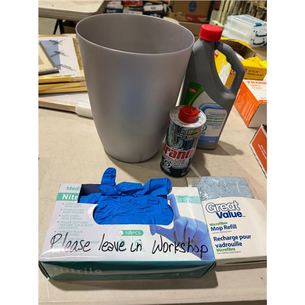 Mop, refill, latex, free gloves, drain opener, and garbage can