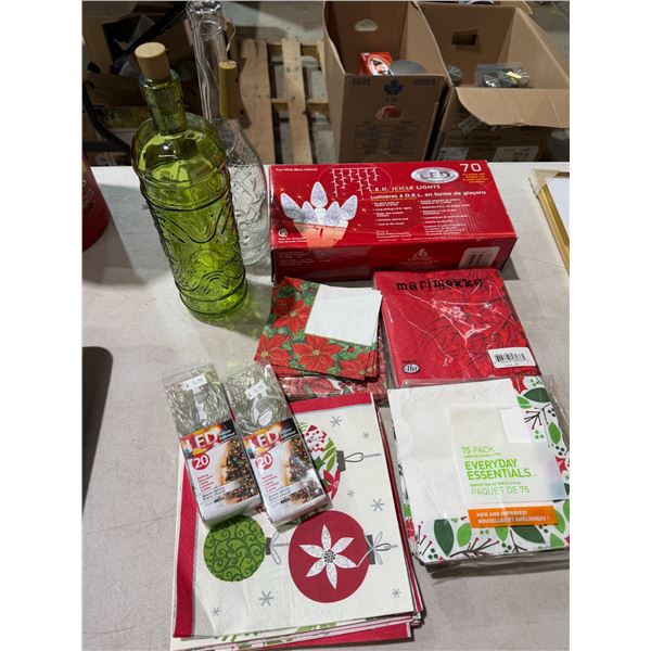 Napkins, fairy lights, and fairy light bottles, and icicle