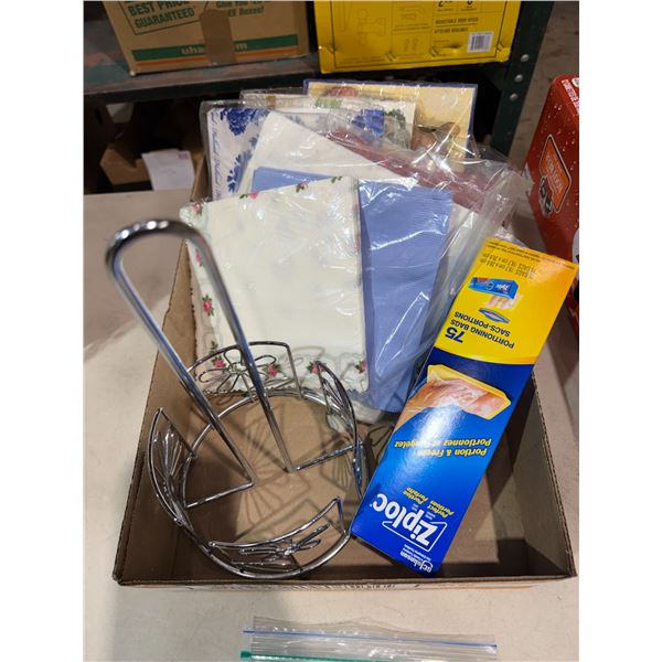 Napkins, napkin holder, and Ziploc bag