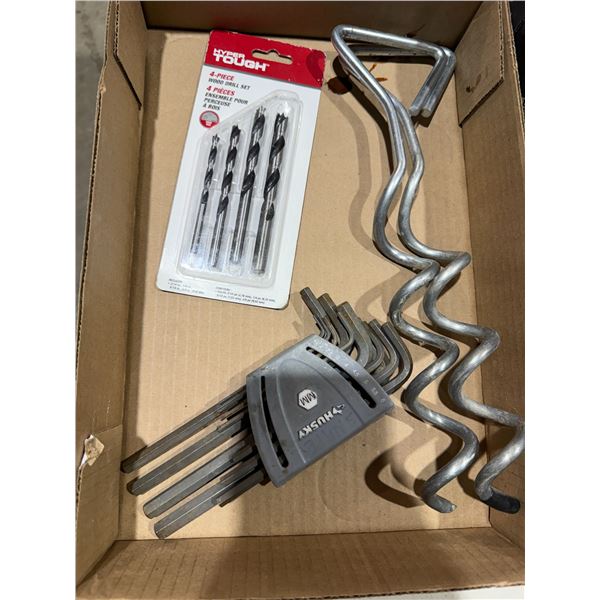 Wood drillbit, set Allan keys and yard stakes