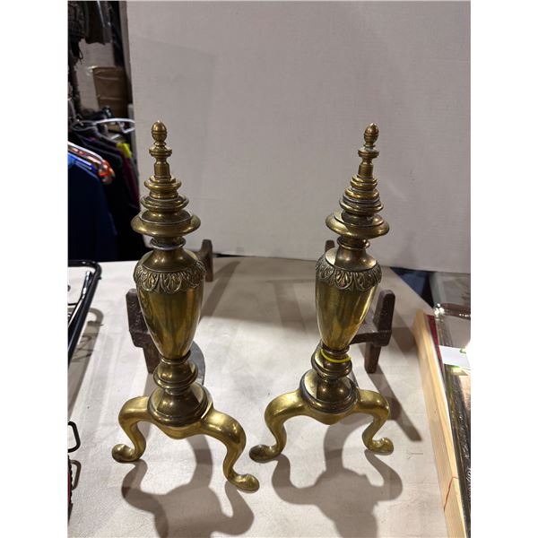 Antique brass & castiron fireplace andirons Made in USA