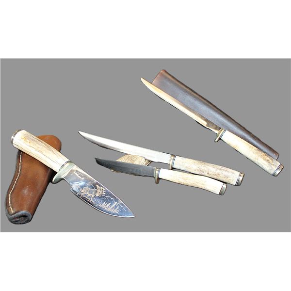4 Marked Walt Campbell Bone Handled Knives- 2 With Sheaths