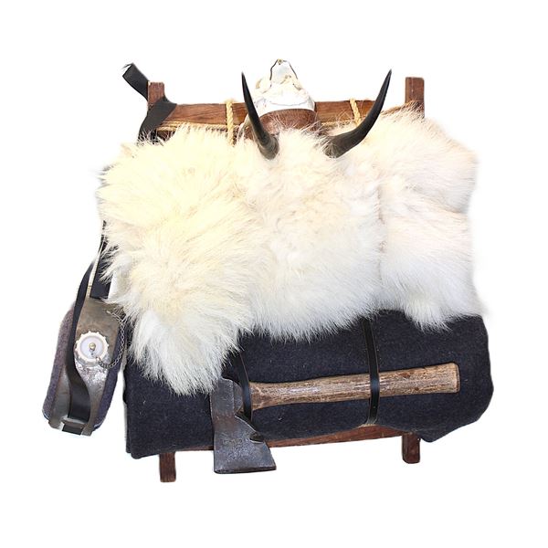 Backpack With Bed Roll, Stanley Hatchet, And Goat Horns And Cape, 23" X 15"