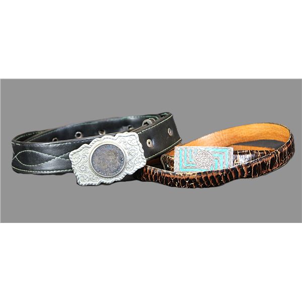 Leather Belt With Nickle Silver 1884 Morgan Belt Buckle- 41.5" X 1.5"- Leather Belt With Turquoise B
