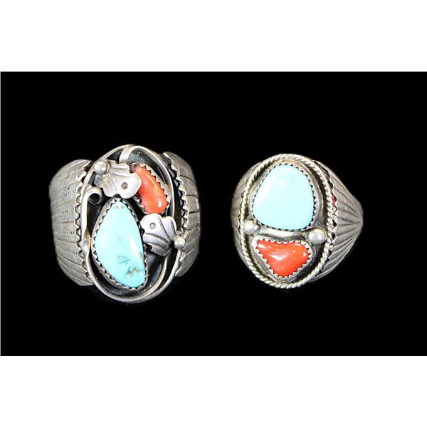 Unmarked Sterling, Turquoise And Coral Rings- Marked "HT"- Size 10- Marked "LL"- Size 11.5