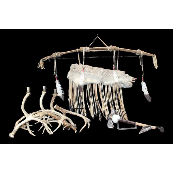 Contemporary Beaded Bow And Arrows With Rabbit Hide Quiver, Hatchet, Antler Candle Stick Holders