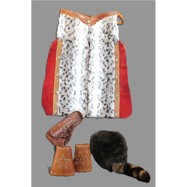 Old Kids Set Of Bobcat Step In Chaps, Star Studded Cowboy Cuffs, Studded Holster, And Coon Skin Hat