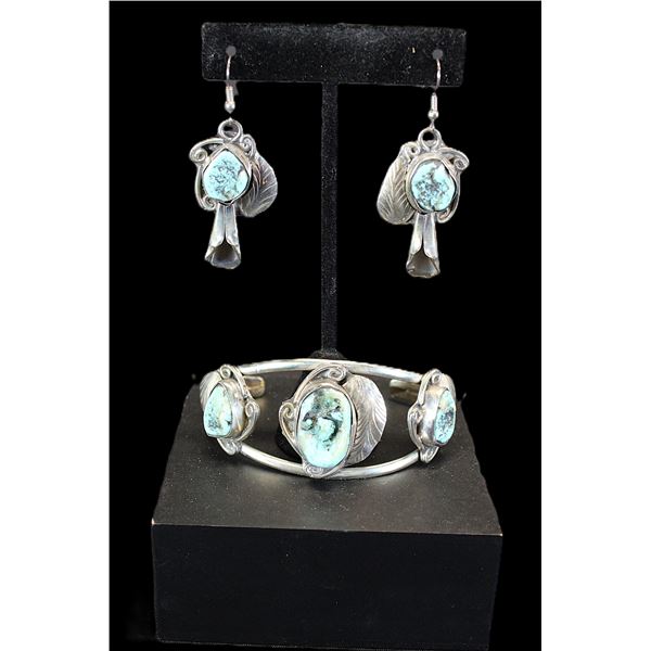 Unmarked Sterling And Turquoise Matching Bracelet And Earring Set