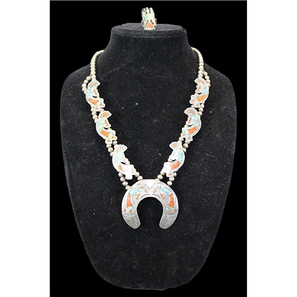 Kokopeli Squash Blossom Necklace- Turquoise And Coral- 13"- Turquoise And Coral Ring- Size 6.5