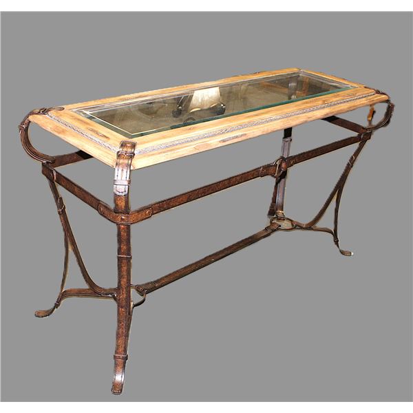 Jaques Adnet Hermes Style Glass Top Sofa Table- Heavy Duty Iron- 32.5" X 59" X 22"- Like New Conditi
