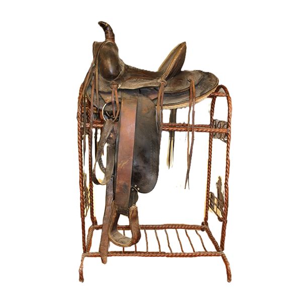 Old Unmarked High Back Saddle- Stamped- 12.5" Seat- Fair Sheepskin- Well Used Condition- Sells With