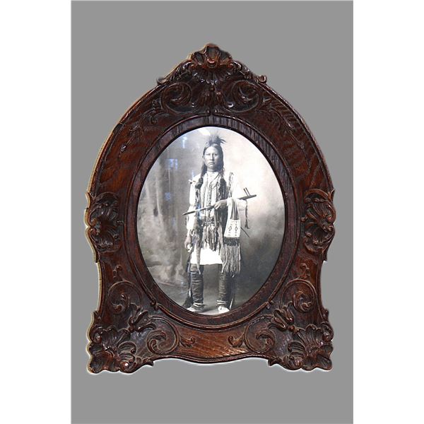 Photograph Of Arapahoe Indian Holding A Pipe- Old Carved Frame- 16" X 12"