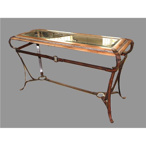 Jaques Adnet Hermes Style Glass Top Sofa Table- Heavy Duty Iron- 32.5" X 59" X 22"- Like New Conditi