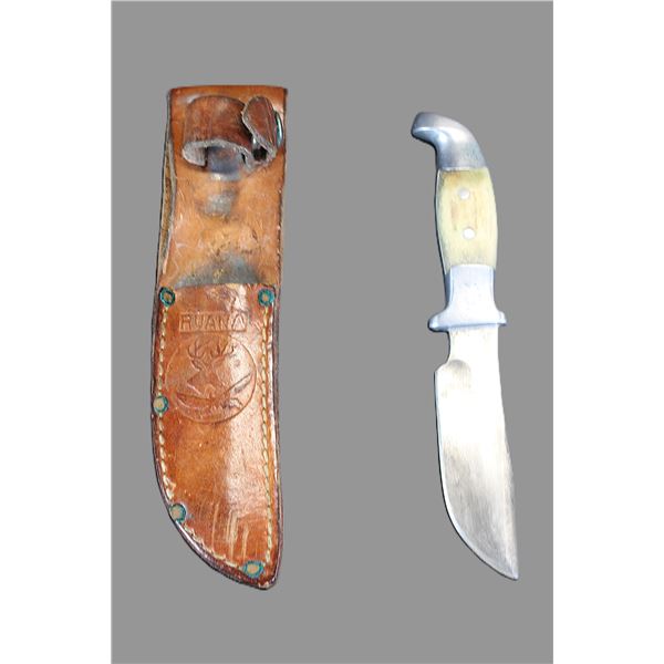 Marked RH Ruana Bonner Montana Knife- 4" Blade- 3.75" Handle- Original Sheath- Fair Condition