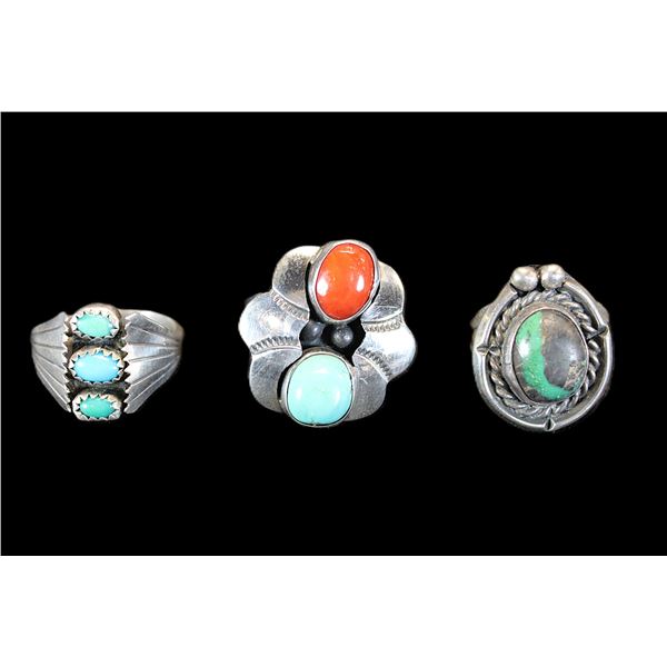 3 Silver, Turquoise And Coral Rings- Two 6.5- One 6 Size