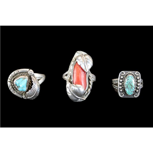 3 Silver, Turquoise And Coral Rings- Two 7.5- One 4 Size