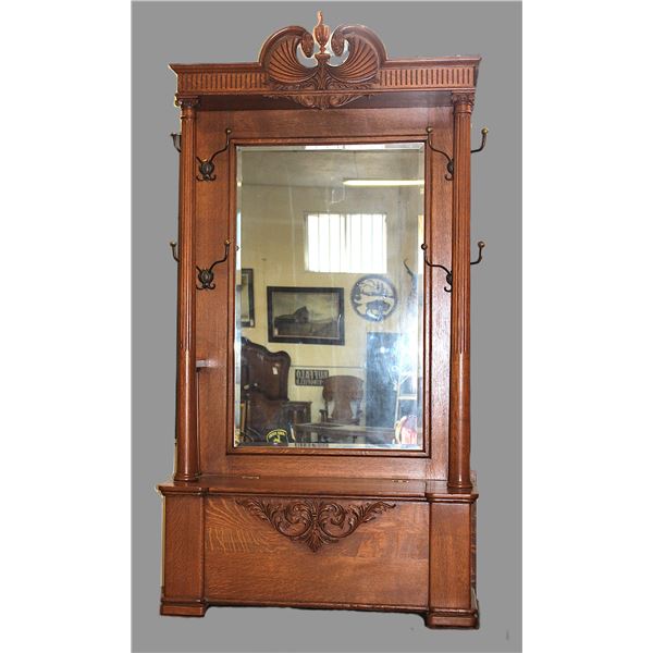 Exceptional Quarter Sawn Oak Hooded Hall Tree- Carved- Fluted Columns- Original Hooks- Lift Top Seat