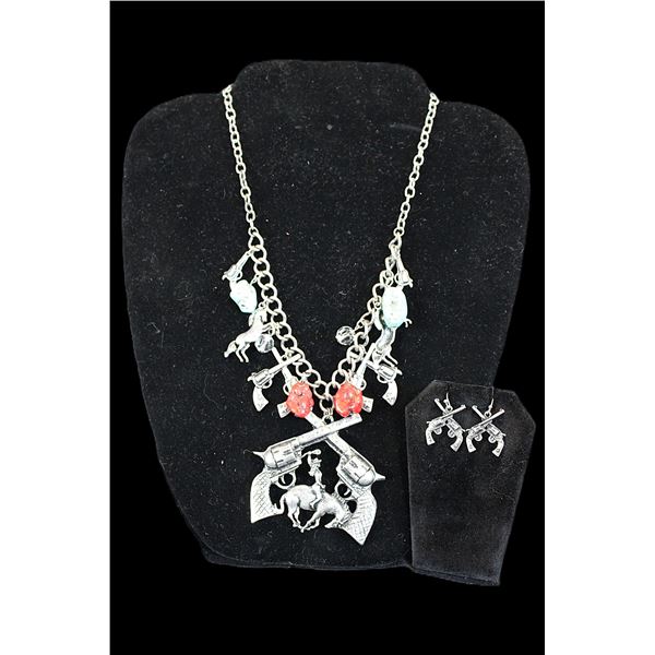 Turquoise And Coral Crossed Pistols Necklace- Crossed Pistol Earrings