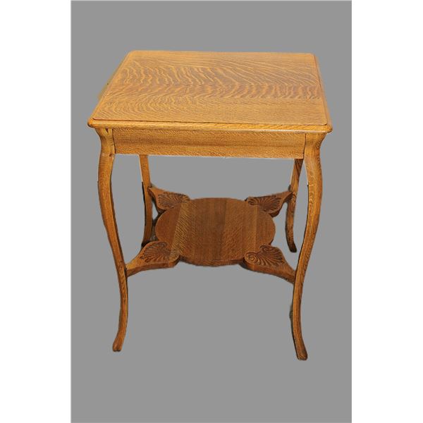 1900's Quarter Sawn Oak Parlor Table With Carved Shelf- 29.5" X 24" X 24"