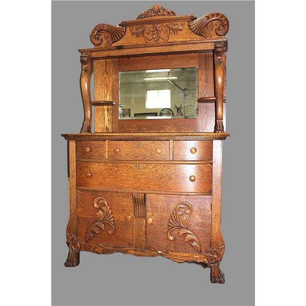 Antique Quarter Sawn Hooded Oak Buffet With Applied Carving- Lion Heads- Claw Feet- Beveled Mirror-