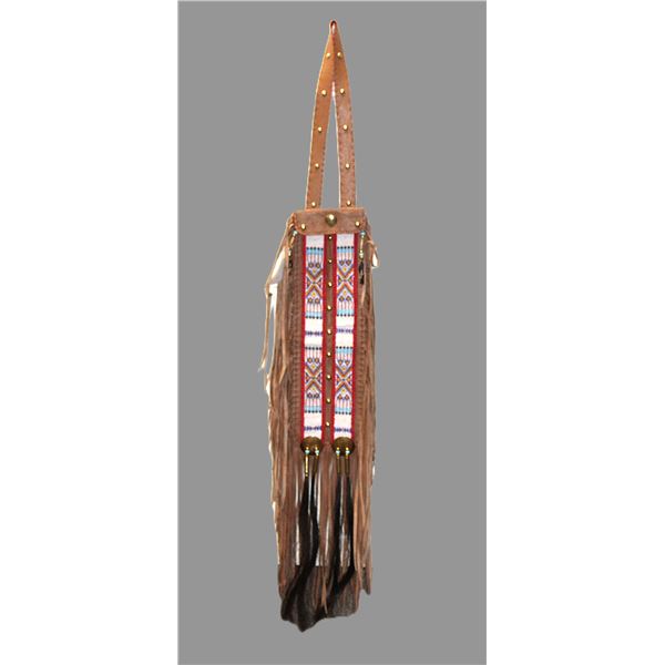 Contemporary Beaded And Fringed Leather Pipe Bag- Shell Casings And Horse Hair Drops- 20" X 6.5"- Ne